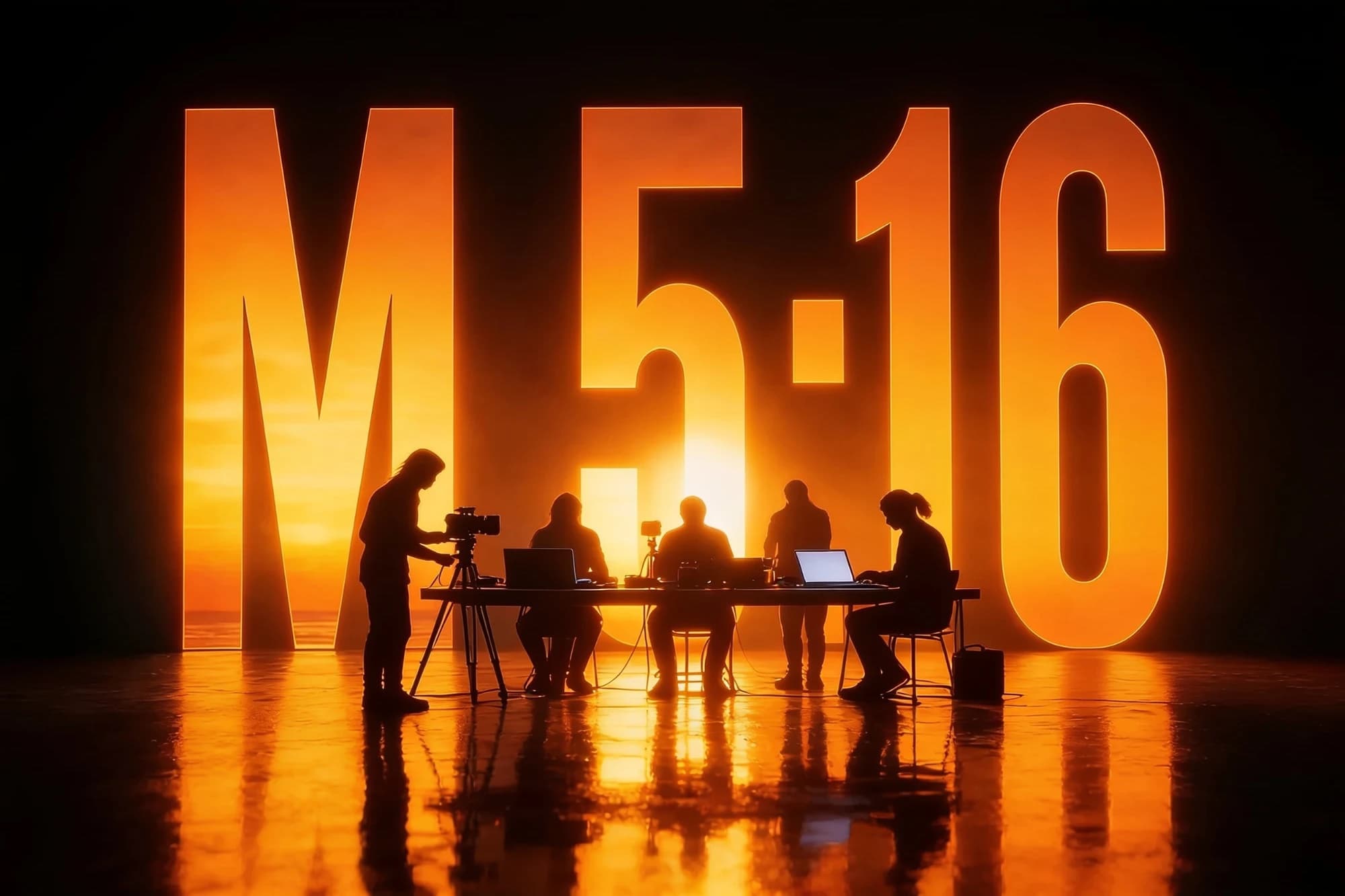 A Matt 5:16 production crew silhouetted against a glowing M 5:16 sign at sunset